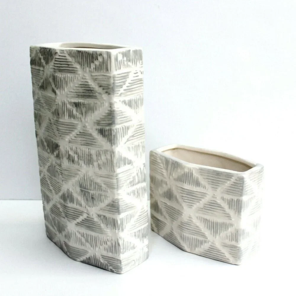 Nate Berkus Etched White & Gray Ceramic Decorative Vase Set of 2